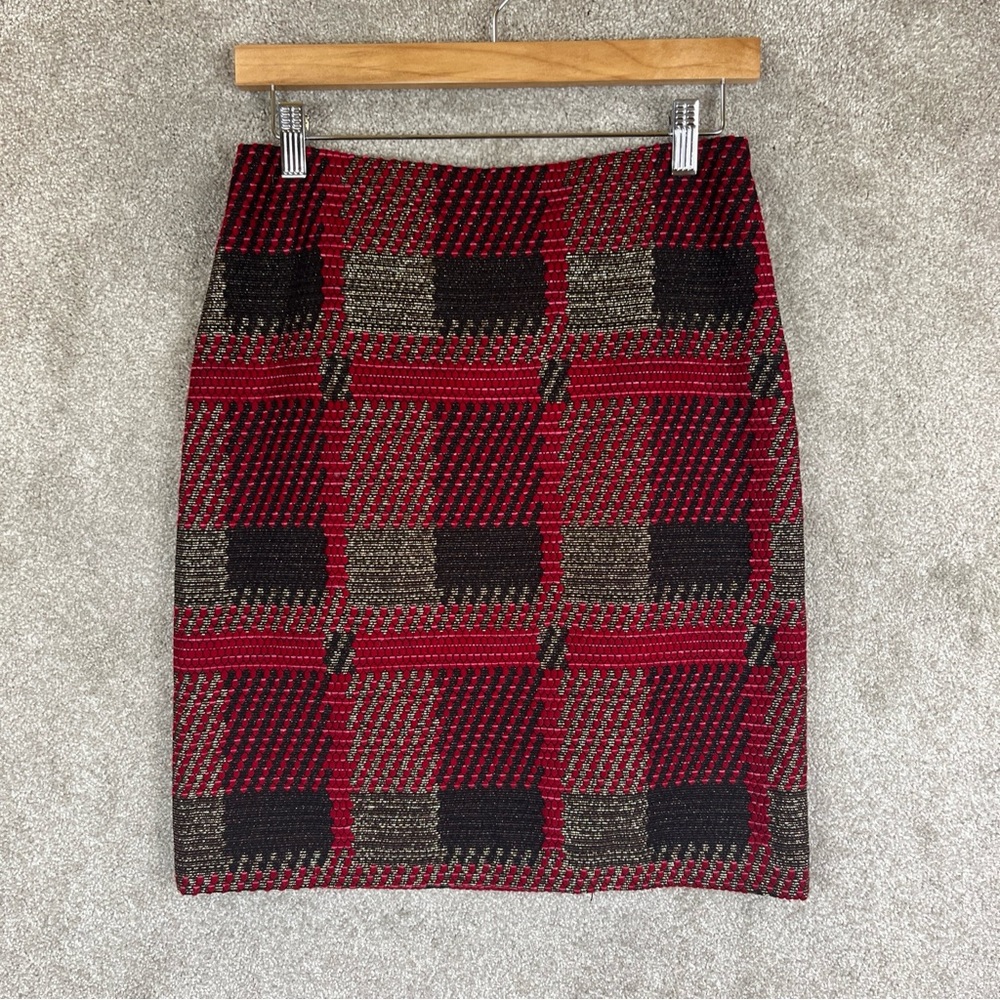 J McLaughlin Skirt Womens 0 Red Gold Pencil Side Zip Lined Knee Length- 8666